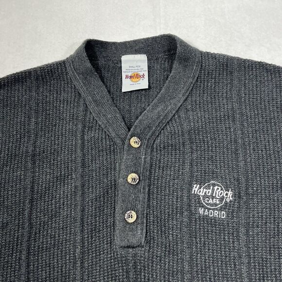 Vintage Hard Rock Cafe Madrid Men's Small Henley Knit Pullover Sweater Gray - Picture 2 of 12
